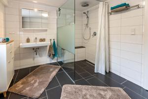 a bathroom with a glass shower and a sink at Schmid am See in Gaienhofen +14 photos
