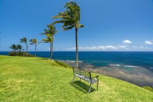 a bench sitting on the grass near the ocean at Sealodge A2 Romantic Ocean View Oasis with Pool in Princeville
