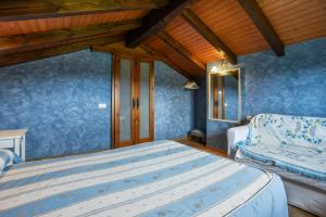a bedroom with blue walls and a bed and a mirror at Pedregal in Gijón