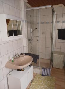 a bathroom with a sink and a shower at Ferienwohnung Gersch in Wolf +17 photos