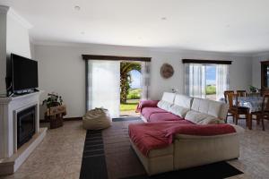 a living room with a couch and a fireplace at Vivenda do Monte in Achadinha