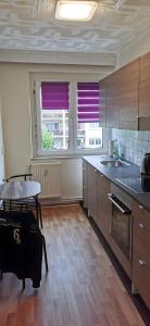 a kitchen with purple blinds on the windows at Ferienwohnung Mücheln 2 in Mücheln