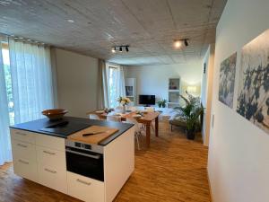 a kitchen and living room with a stove and a table at Ferienwohnung Grüner Ausblick in Elzach