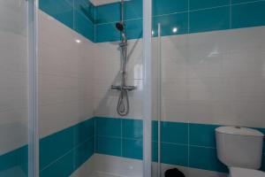 a bathroom with a shower with blue and white tiles at Chambre d'hôtes Ticounat in Piets-Plasence-Moustrou +13 photos