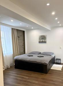 a bedroom with a large bed and a window at C & D Wohnung I in Bad Kissingen