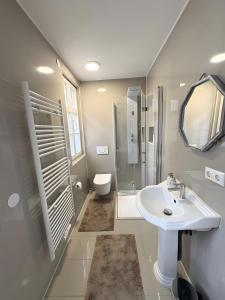 a bathroom with a sink and a shower and a toilet at C & D Wohnung I in Bad Kissingen