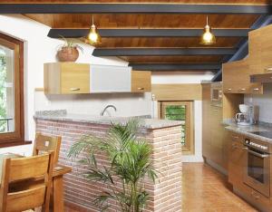 a kitchen with a brick wall and wooden ceilings at Apartamento ll in Iráizoz