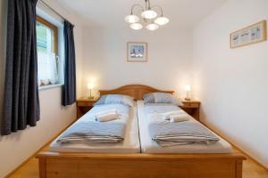 two beds in a bedroom with two lamps and a window at Haus Lowe Apartment Erdgeschoss 1 in Filzmoos
