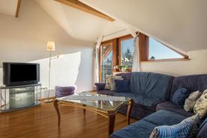 a living room with a couch and a tv at Ferienhof Sauter Friedrichshafen in Neukirch