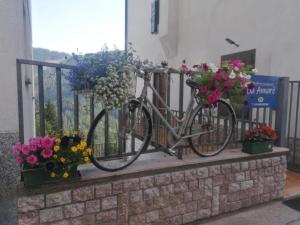 a bike parked next to a fence with flowers at Affittacamere da Annarè in Comèlico Superiore