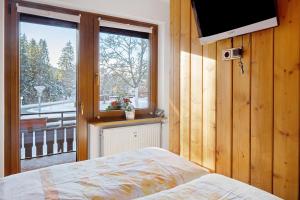 a bedroom with a bed and a tv and a window at Oskar im Bärenhüsli in Titisee-Neustadt