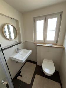 a bathroom with a toilet and a sink and a mirror at Landhausloft in Bermatingen