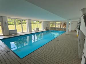 a large swimming pool with blue water in a house at Schwarzwald Heimat mit Pool, Sauna in Schönwald
