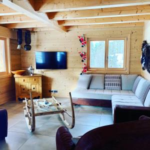 a living room with a couch and a flat screen tv at Chez Gilles chalet haute cimes in Châtel
