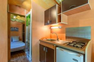 a small kitchen with a sink and a stove at Roulotte insolite terrasse nature in Touët-sur-Var