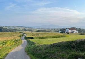 a road through a field with a house in the distance at Finca El Carbayal in El Campo