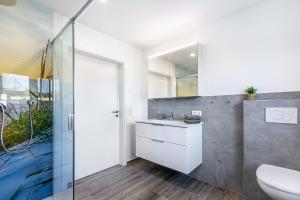 a bathroom with a sink and a glass shower at Haus Luise in Bramstedtlund +23 photos