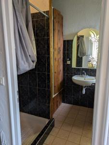 a bathroom with a sink and a mirror at Gîte chez mémé in Assieu