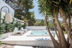 a swimming pool in a backyard with a palm tree at Villa La Vida in Cala Llonga