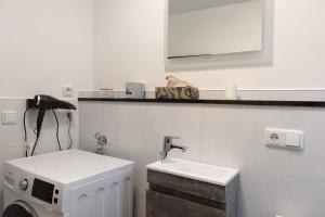 a bathroom with a sink and a washing machine at Pension Haus Leni am Schwanenteich in Mühlhausen +14 photos