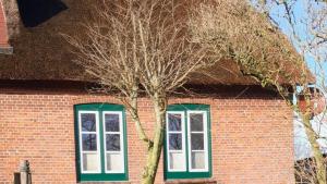 a brick building with two windows and a tree at Fewo Op de Warft in Pellworm