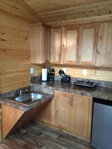 a kitchen with wooden cabinets and a sink at Lake of the Springs Camping Resort Cottage 7 in Oregon House
