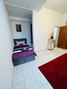 a bedroom with a bed and a red rug at Minas Ferienwohnung in Dormagen +2 photos