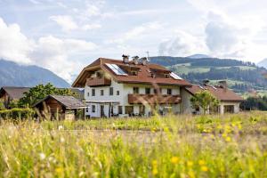 a house in a field with mountains in the background at Oberhölzlhof in Valdaora di Sopra