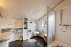 a bathroom with a shower and a toilet at Ferienwohnung 'Sonneck' in Eckernförde +18 photos