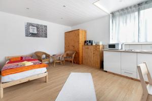 a small room with a bed and a kitchen at Felsenburg in Ahrenviölfeld