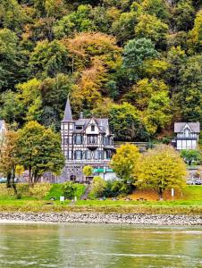 a large house on the banks of a river at Bacchus Holiday Homes in Bacharach