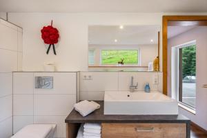 a bathroom with a large white sink and a mirror at Josenhof in Wolfach +115 photos
