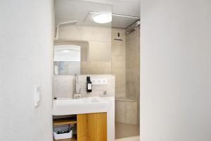 a bathroom with a sink and a shower at Schönauer Hof - Wohnung Paula in Passau +16 photos