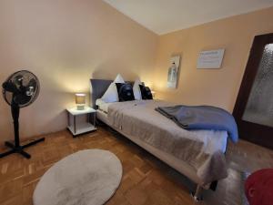a bedroom with a bed and a fan at Ferienwohnung Kleine Bergluft Hahnenklee in Hahnenklee-Bockswiese