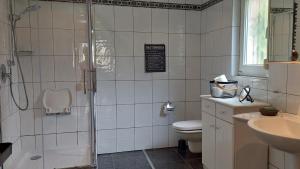 a bathroom with a shower and a toilet and a sink at Fewo Haus Cäcilia in Elsdorf +11 photos