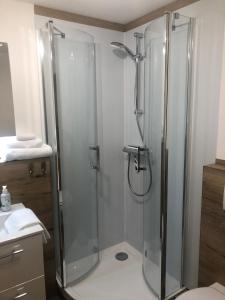 a bathroom with a shower with a glass shower stall at Ferienwohnung in Lichtenau +18 photos