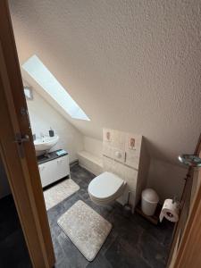 a bathroom with a white toilet and a sink at Gästezimmer in Hafennähe in Waren +12 photos