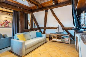 a living room with a couch and a tv at Gästehaus Siebter Himmel in Burkheim