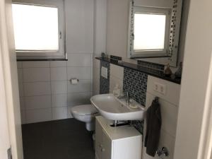 a bathroom with a sink and a toilet and two windows at Ferienwohnung Bäumchenblick in Müllheim +20 photos