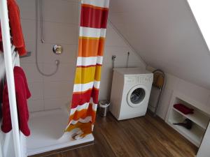 a bathroom with a shower curtain next to a washing machine at Ferienwohnung Zerlaut in Langenargen