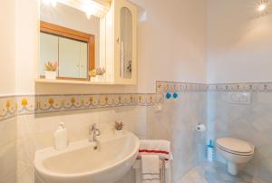 a bathroom with a sink and a toilet and a mirror at Casina La Torretta - By The Walls in Lucca
