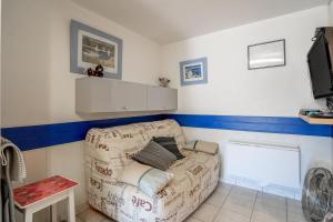 a living room with a couch and a tv at Les Eaux Vives 1 in Fleury