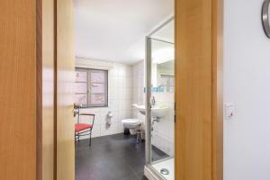 a bathroom with a toilet and a sink and a mirror at Bacchus Holiday Homes in Bacharach +76 photos