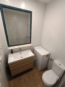 a bathroom with a toilet and a sink and a mirror at Binimar - Cala en Porter in Cala en Porter +15 photos