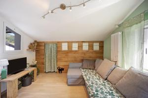 a living room with a couch and a tv at Mansarda Albero Verde con Piscina in Casanova Lerrore