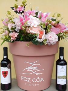 two bottles of wine sitting next to a pot of flowers at Valley T2 duplex in Vila Nova de Foz Coa +3 photos