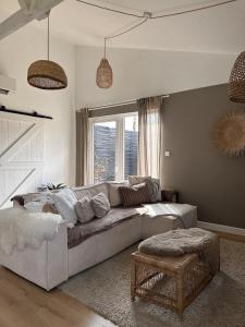 a living room with a couch and a window at Le Wellness des alpagas in Huy