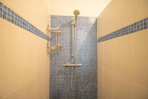 a bathroom with a shower with blue tiles at Mon nid d'aigle in Olmeto +16 photos