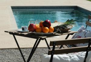 a tray of fruit on a table next to a pool at Son Pelai Menut in Lloseta