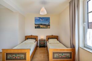 two twin beds in a room with a window at Bachmanns Ferienwohnung 2 in Schotten